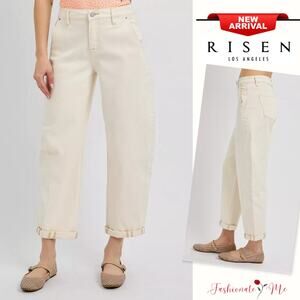 RISEN High Rise Waist Relaxed Cuffed Hem Zip Fly Crop Barrel Leg Jeans | Ivory
